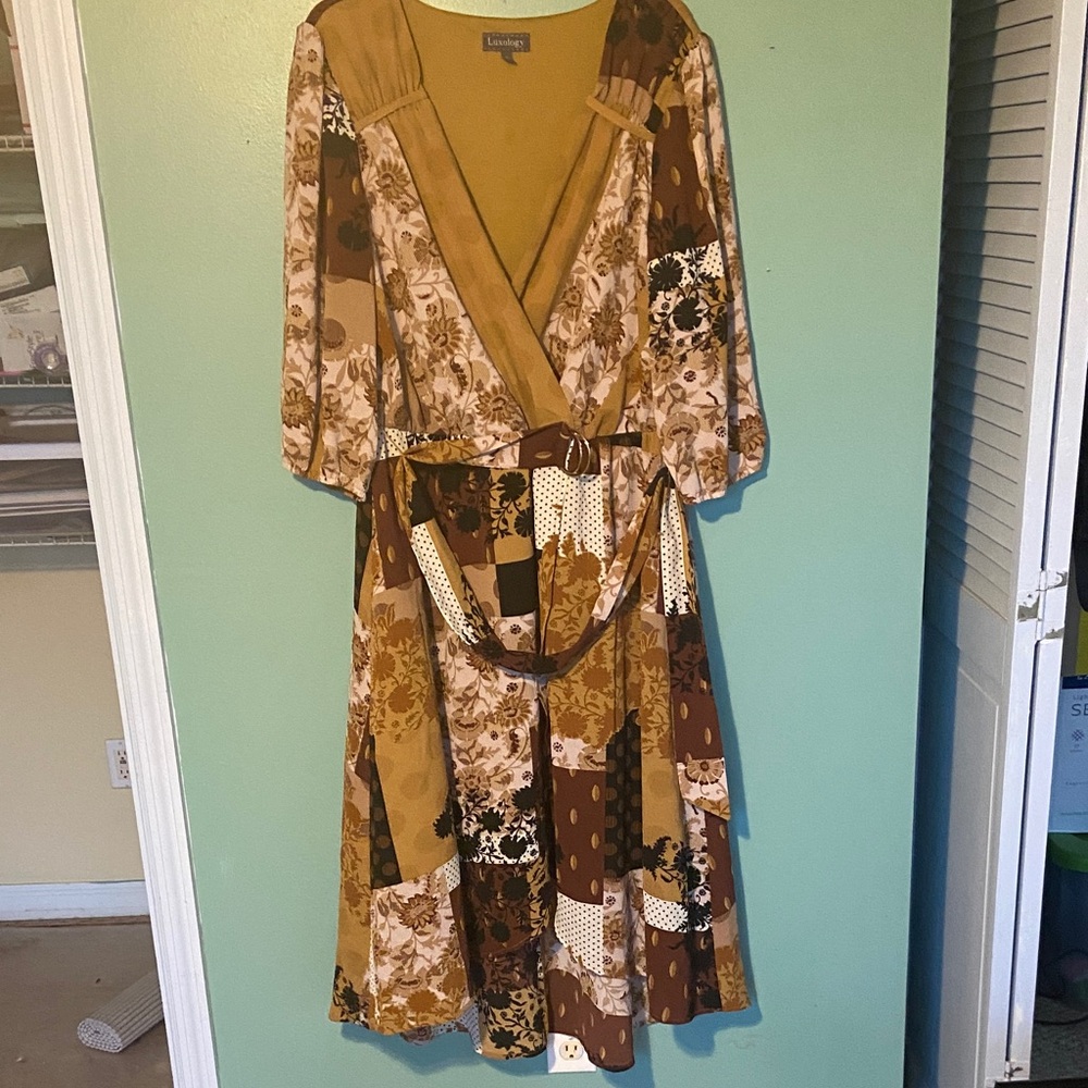 Luxology Brown Patchwork Long Sleeve Dress